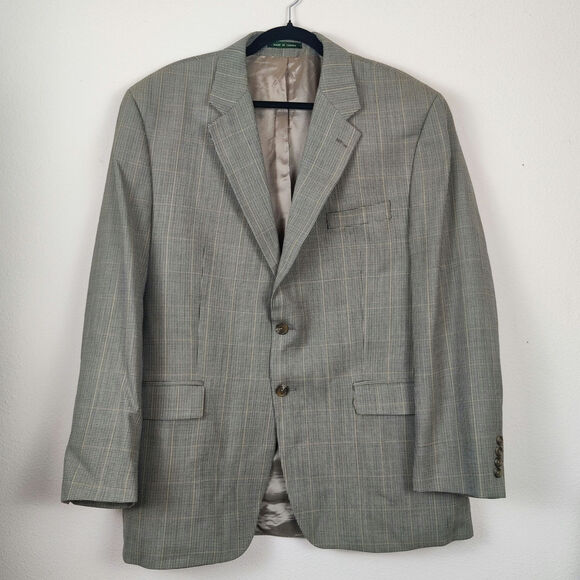 LRL Men's Wool Plaid Houndstooth Two Button Blazer Suit Jacket Tan 44R Academia - Picture 1 of 16